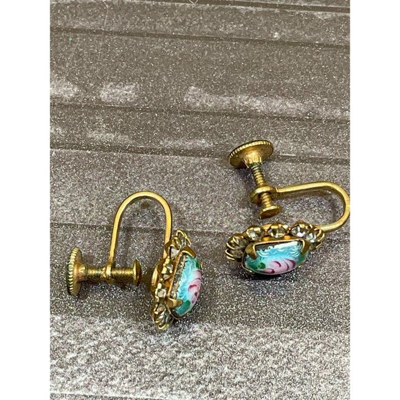 Vintage Antique Guilloche Enamel Rose Rhinestone Screw Back Earring Set - Picture 4 of 10
